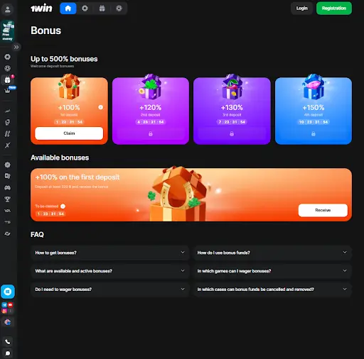 1win bonuses page showing welcome offer