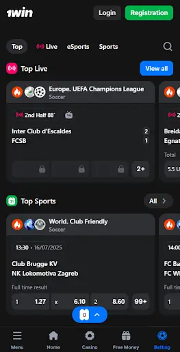 Bet on live sports in the 1win app interface
