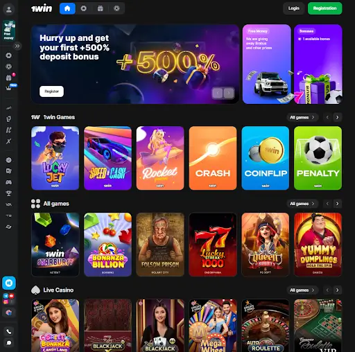 1win Casino homepage with game selection and user options
