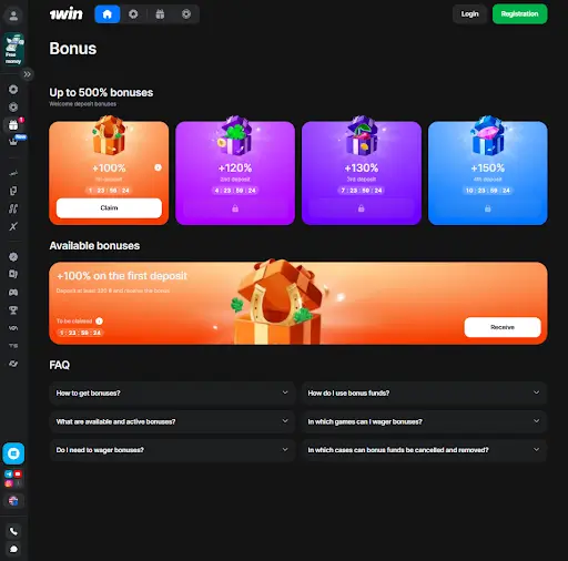 1win welcome bonus page with sign-up offer banner