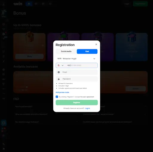 1win fast registration form