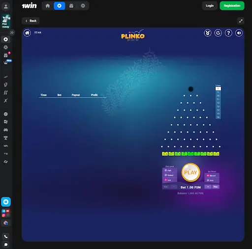 1win Plinko game interface with colorful gameplay layout