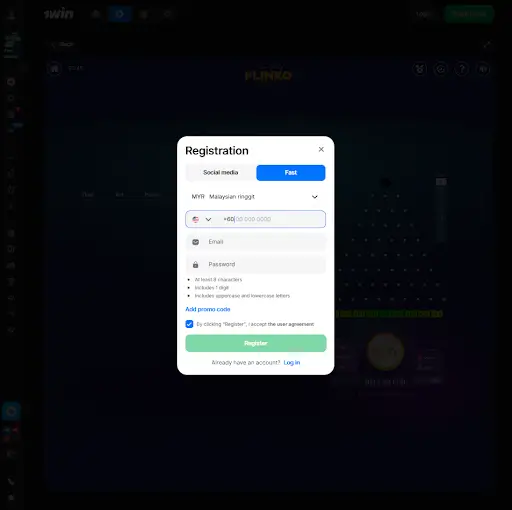 1win registration form to play Plinko online
